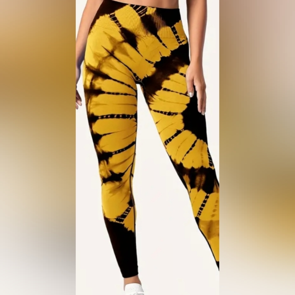 S/M Womens Seamless Tie Dye Leggings Yellow Black